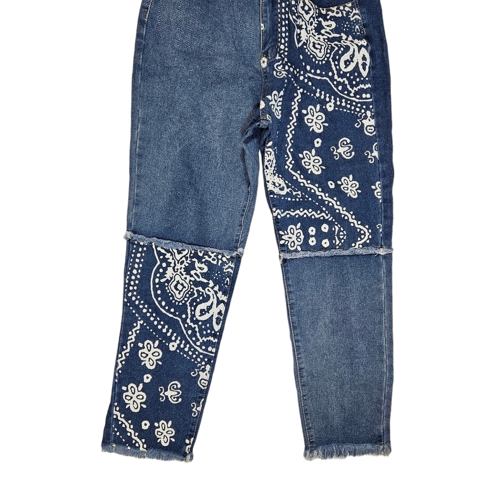 Paisley Print Patchwork Jeans Size Large Raw Hem Colorblock Denim Straight Leg - Picture 6 of 16